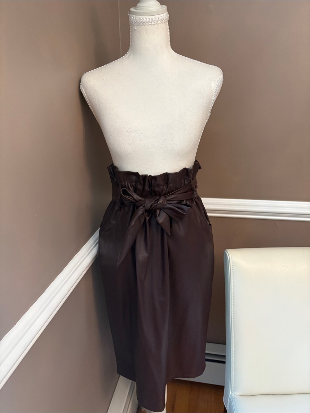 Time and Tru Dark Brown Paperbag Waist Pencil Skirt with Tie( Faux Leather)